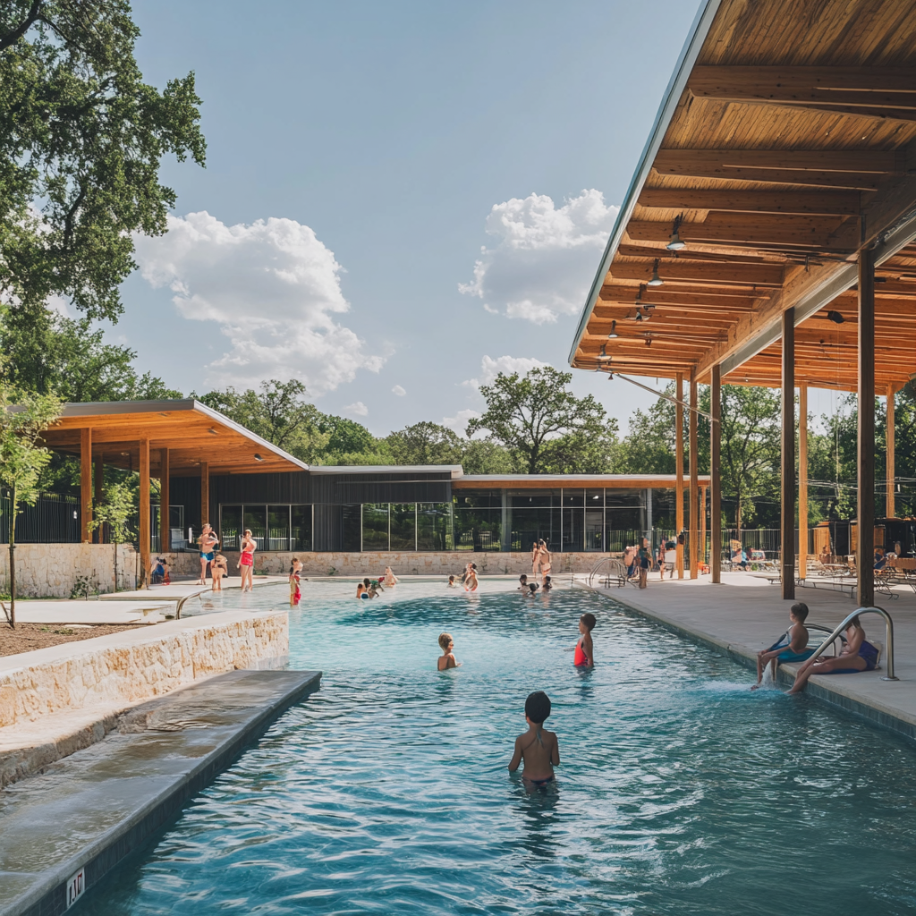 Wide shot of Camp Fimfo Waco's lively, modern pool area, featuring colorful poolside decor, splash zones, and water features. Families are seen enjoying the amenities, with children playing in the water and adults relaxing on sun loungers. The vibrant atmosphere is complemented by shaded cabanas and spacious seating, all set against a backdrop of lush greenery, creating a fun and welcoming environment for guests of all ages.