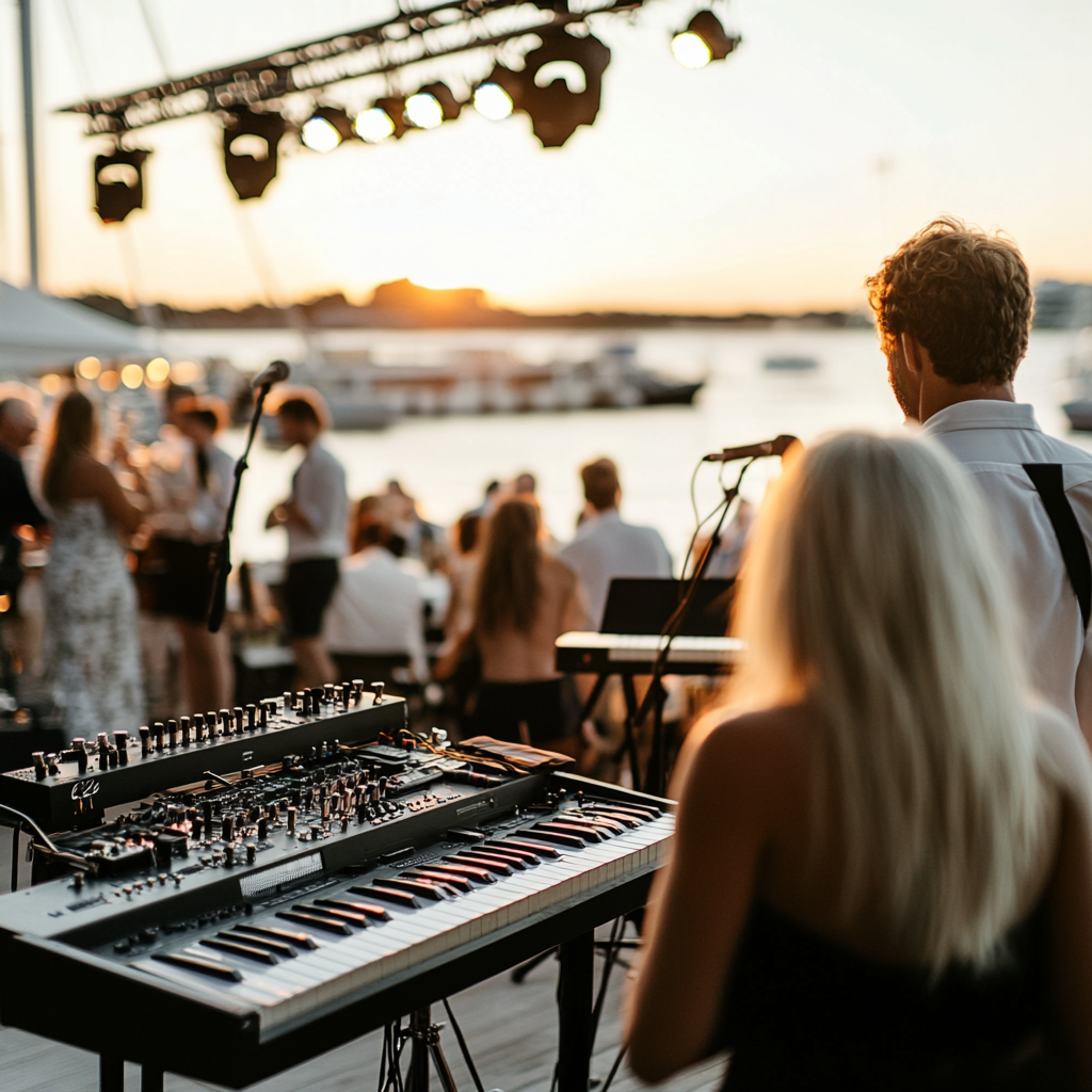 Action shot of a live music performance on the waterfront, with musicians on stage and guests gathered around, enjoying the lively atmosphere. The backdrop of the lake and evening sky adds to the ambiance, as people relax and socialize on picnic blankets and seating areas. Soft lighting enhances the scene, capturing the energy and enjoyment of an outdoor concert by the water, with music and laughter filling the air.